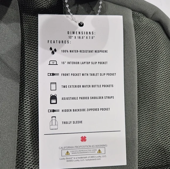 Lucky Brand Sage Green/ Army Neoprene Large Laptop Backpack Travel Bag NEW - Picture 3 of 7